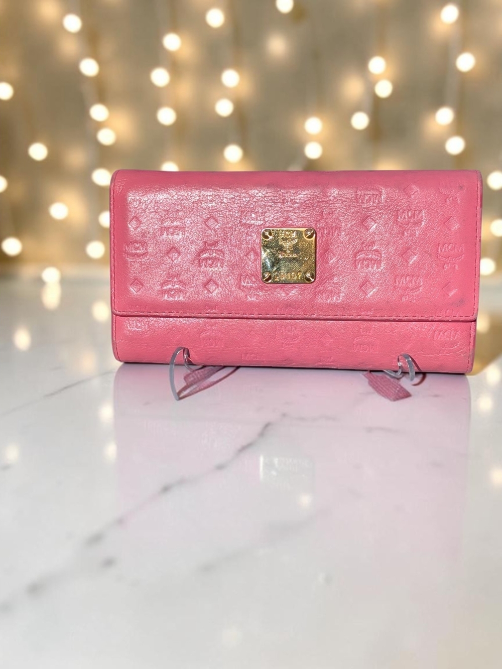 MCM Pink Visetos Embossed Leather Trifold Long Wallet Gold Hardware